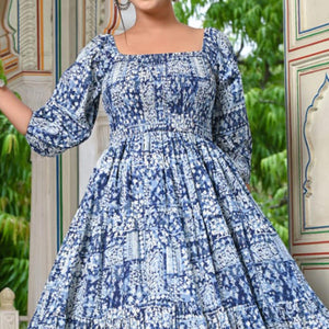 Blue Floral Printed Pure Cotton Dress
