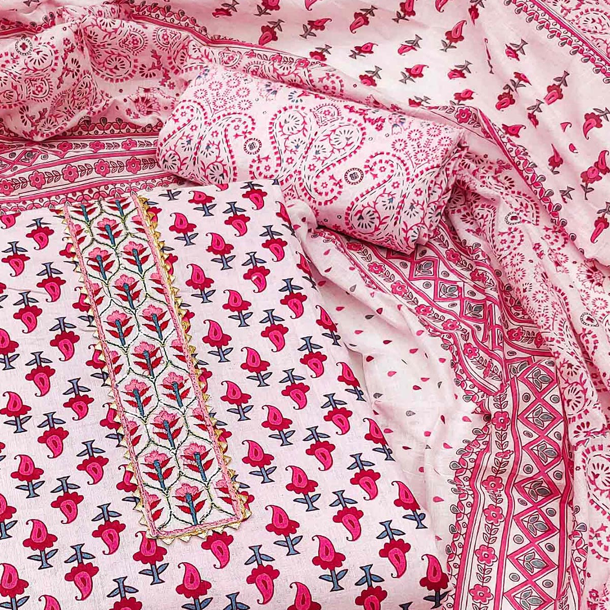 Pink Printed Cotton Dress Material