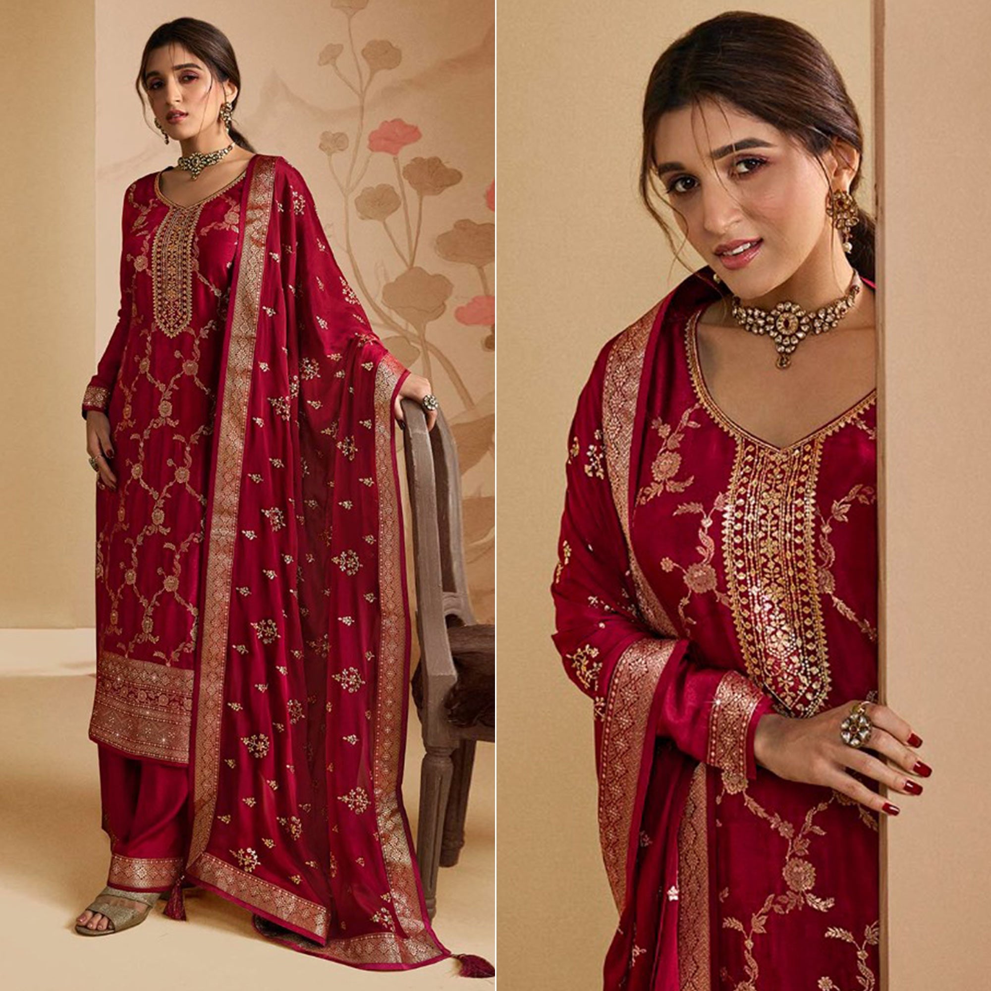 Red Woven And Embroidered Dola Silk Palazzo Suit