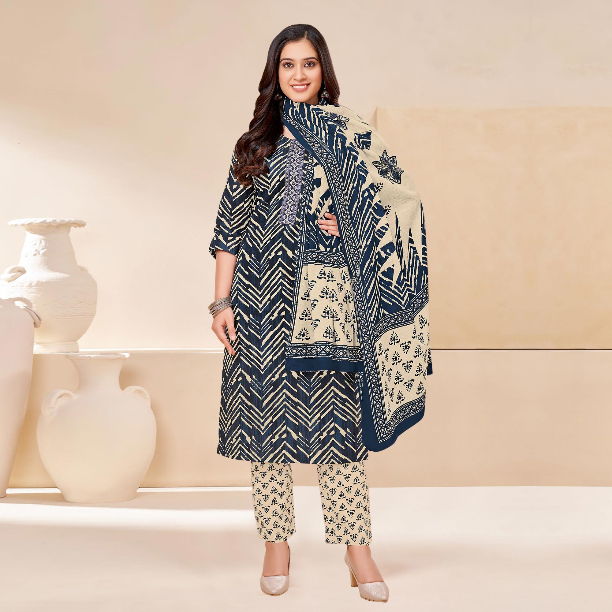 Blue Printed With Tie Embroidered Pure Cotton Suit