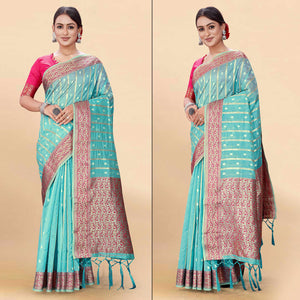 Blue Woven Organza Saree With Tassels