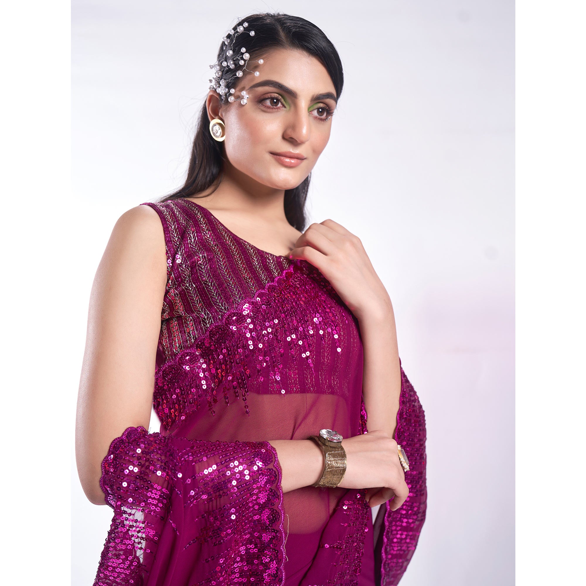 Purple Sequins Embroidered Georgette Saree