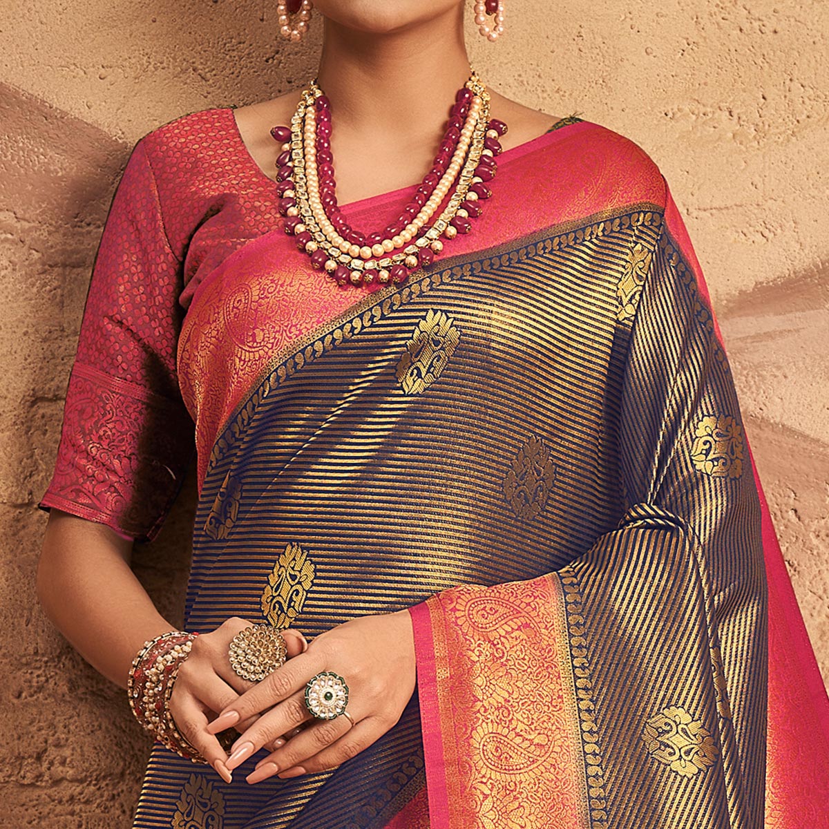 Navy Blue Woven Art Silk Saree With Tassels