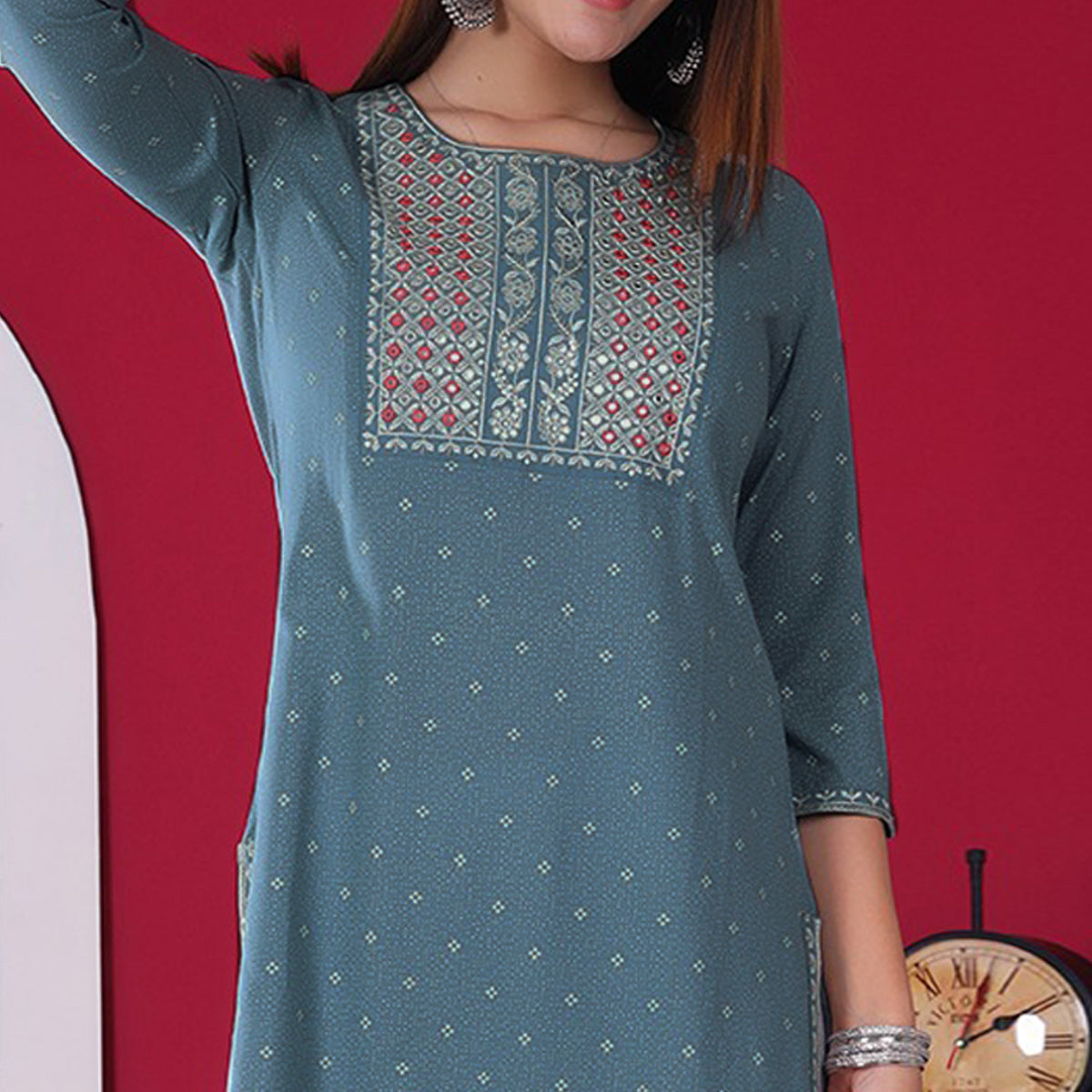 Sky Blue Floral Embroidered Rayon Kurti