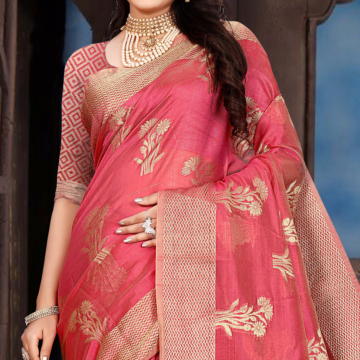 Gajari Pink Floral Woven Organza Saree