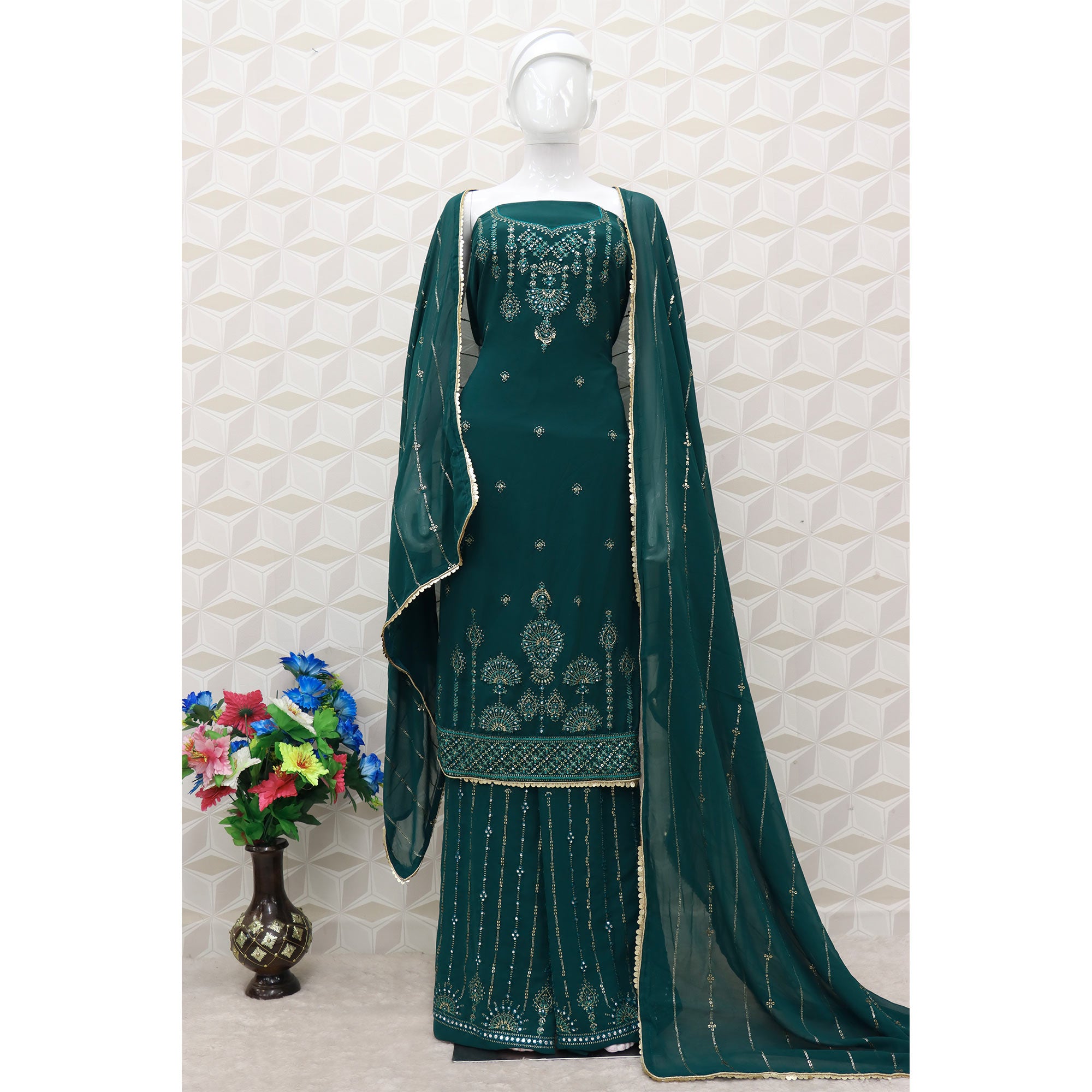 Sea Green Sequins Embroidered Georgette Sharara Suit