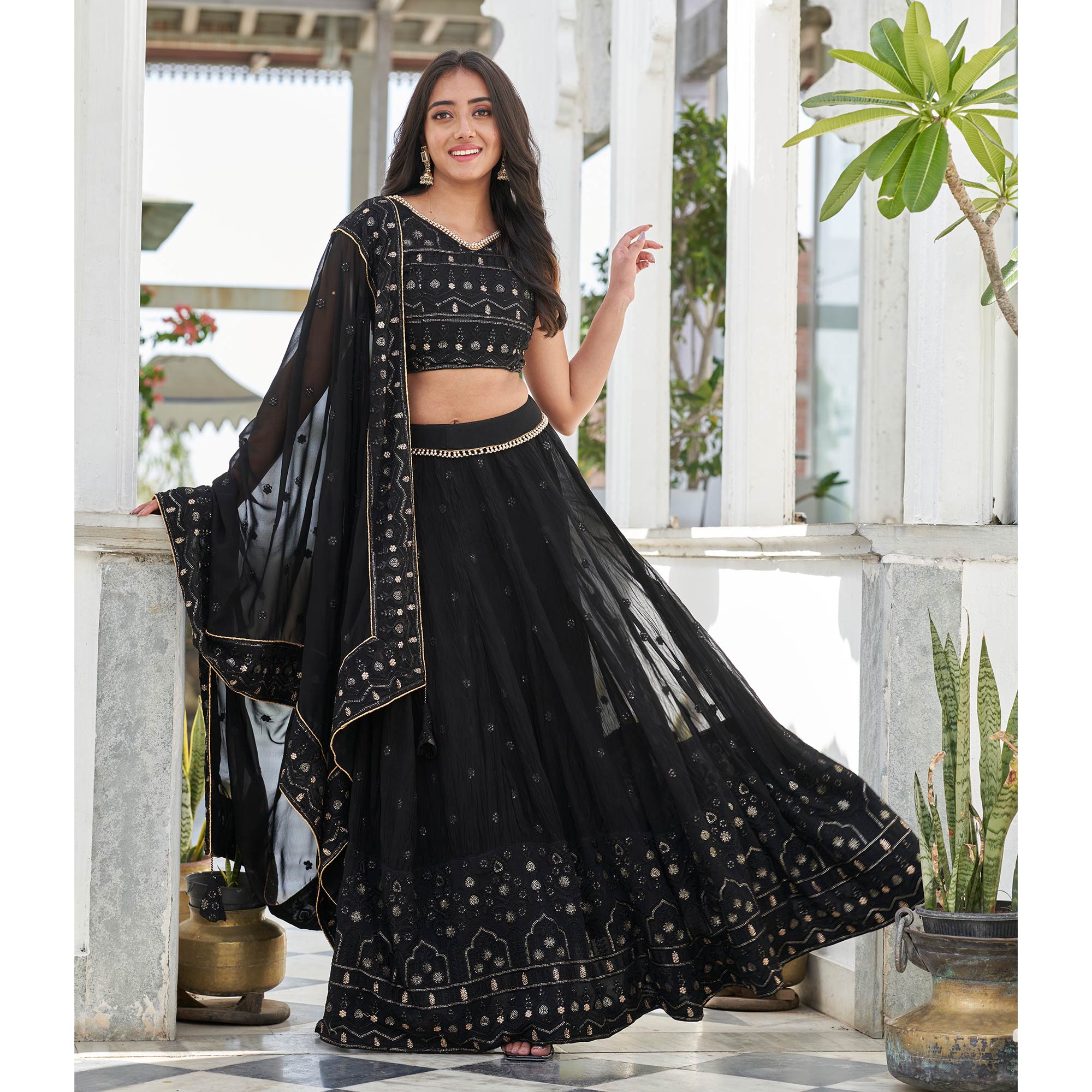 Black Sequins Embroidered Georgette Lehenga Choli