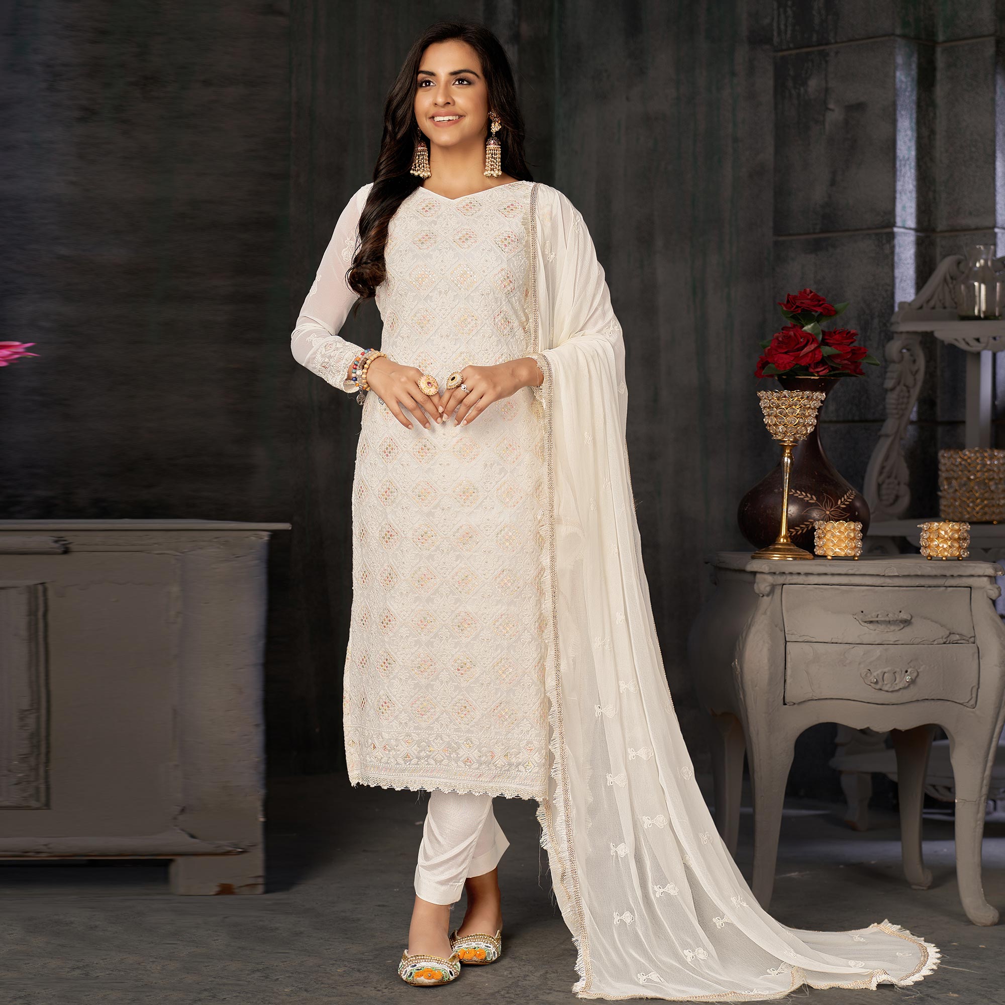 White Lucknowi Embroidered Georgette Suit