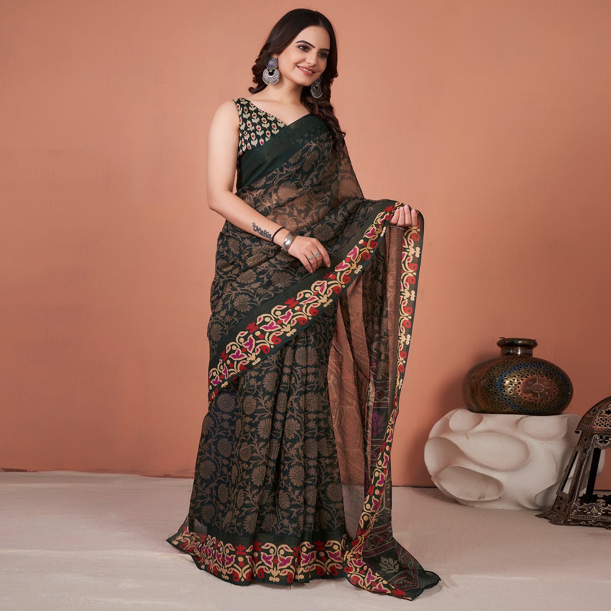 Green Floral Printed Cotton Saree With Tassels
