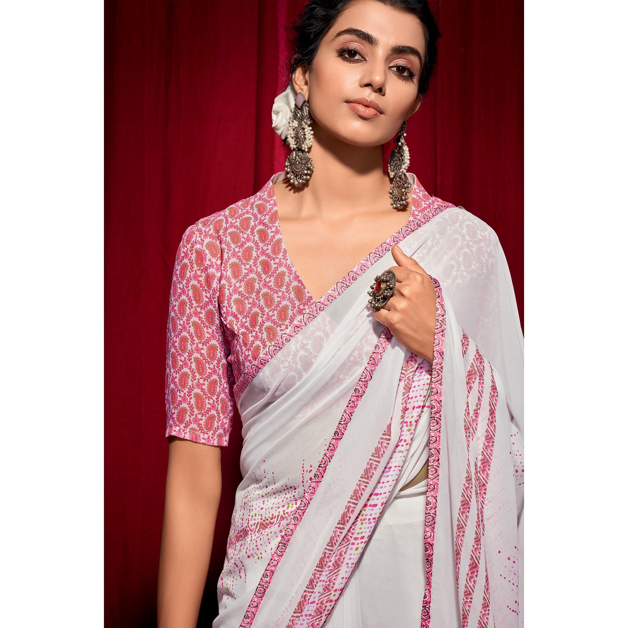 White Printed Georgette Saree