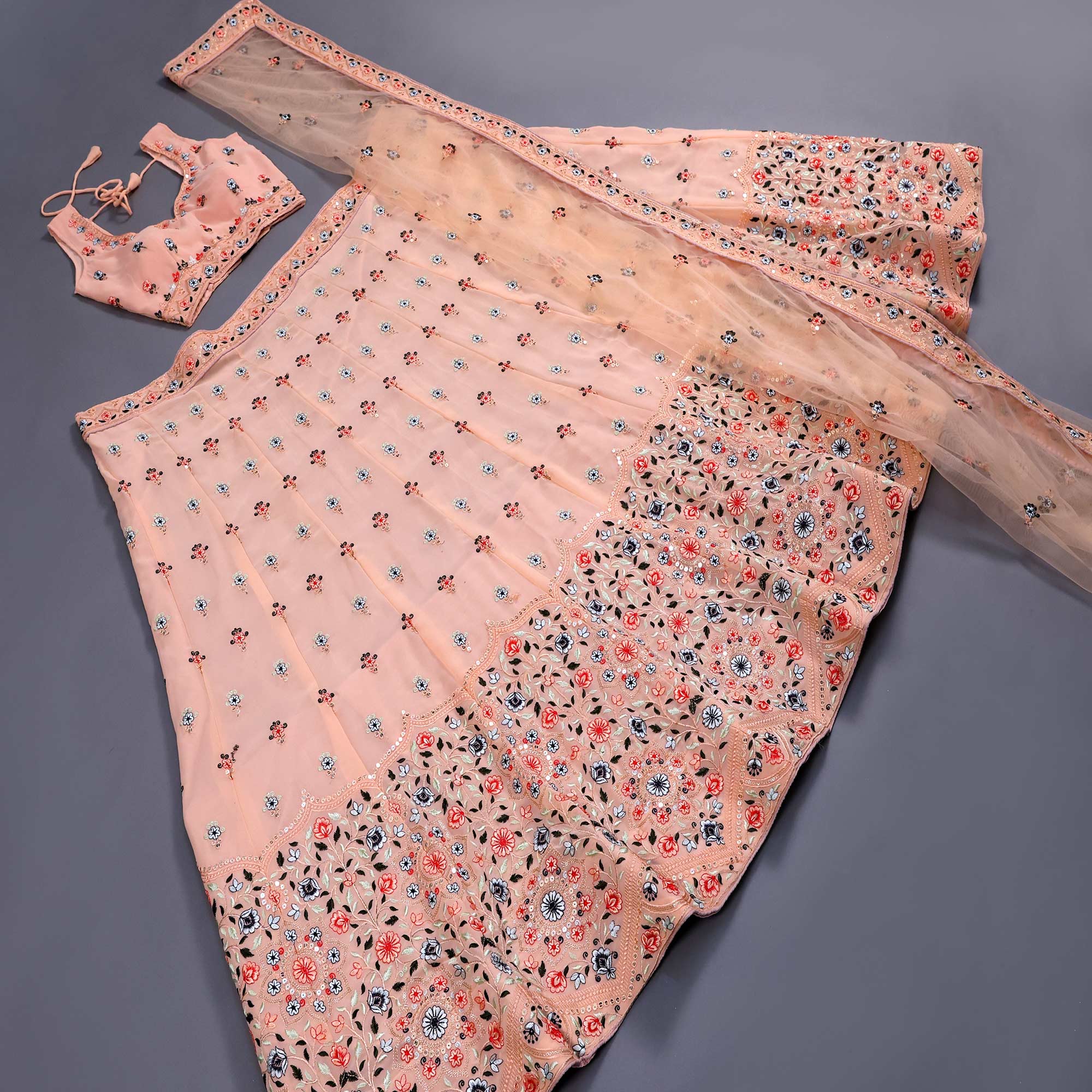 Peach Sequins Embroidered Georgette Lehenga Choli