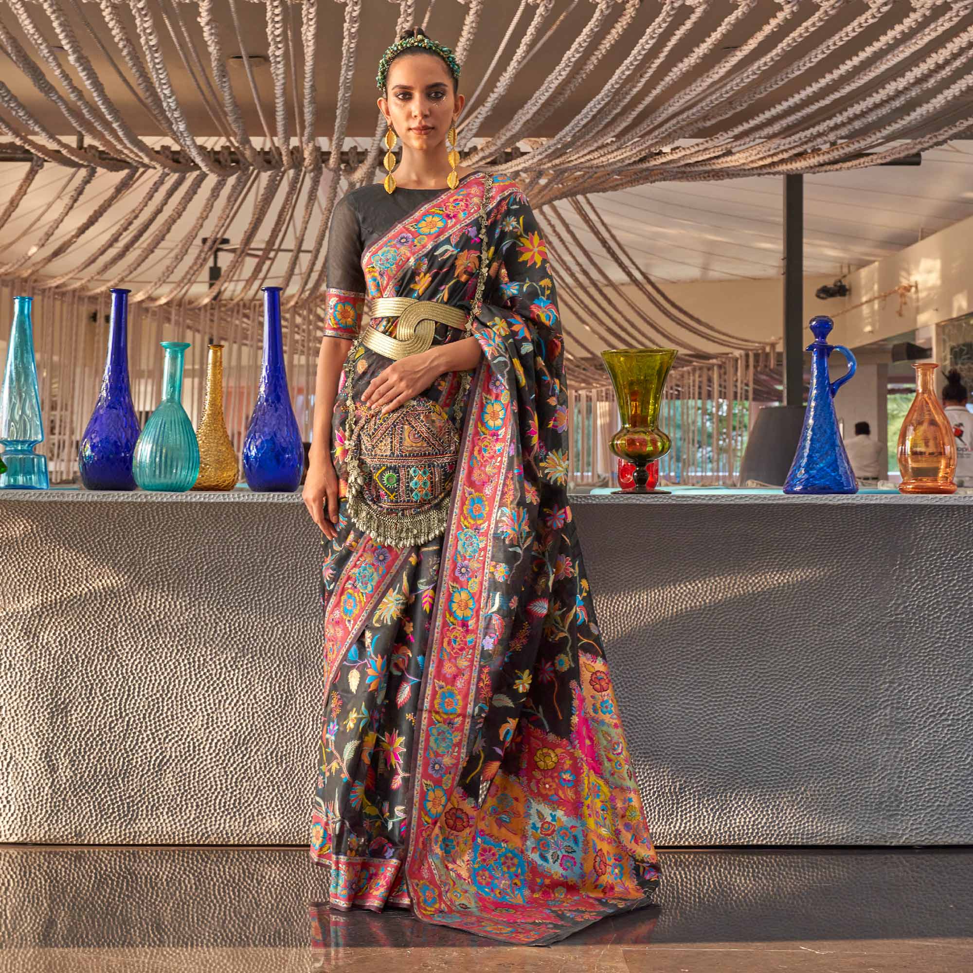 Black Floral Woven Modal Saree