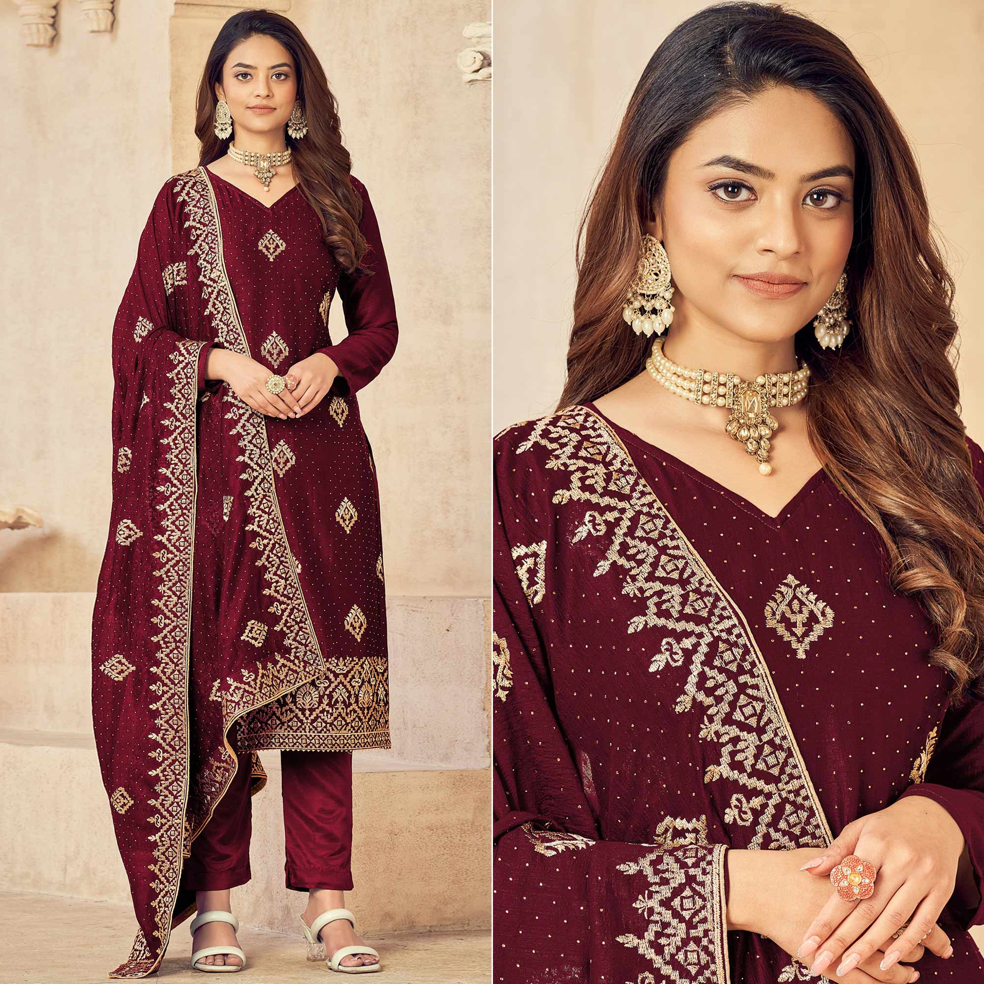 Maroon Embroidered Vichitra Silk Suit