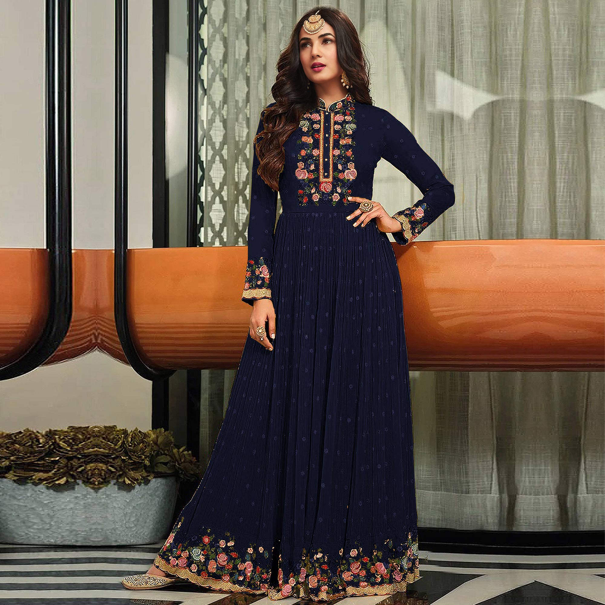 Navy Blue Embroidered Georgette Gown