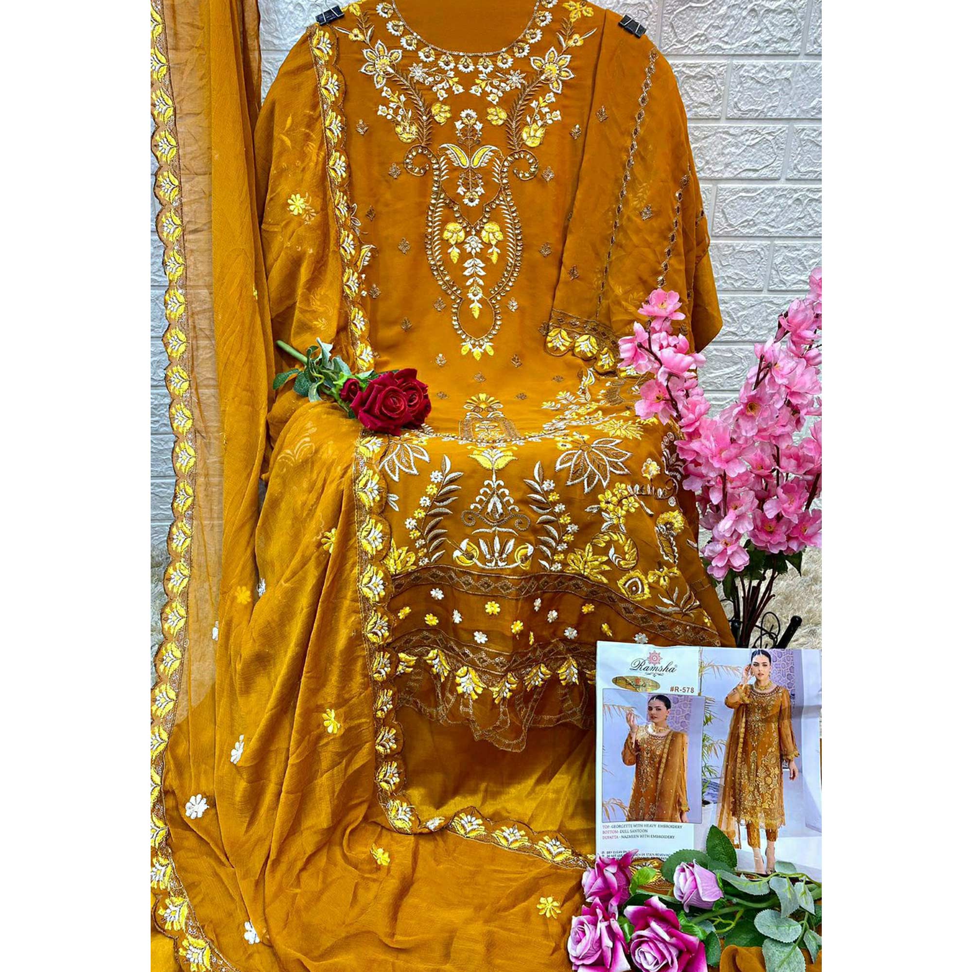 Mustard Heavy Embroidered Georgette Pakistani Suit