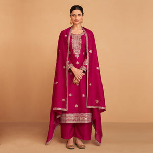 Magenta Pink Embroidered Art Silk Palazzo Suit