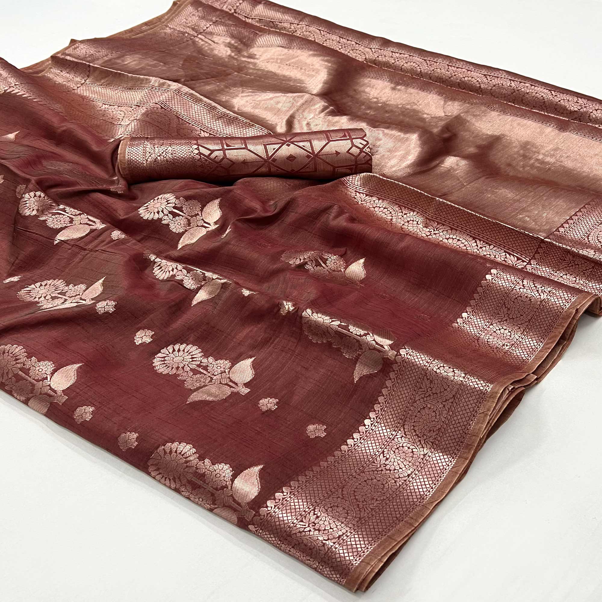 Brown Floral Woven Organza Saree