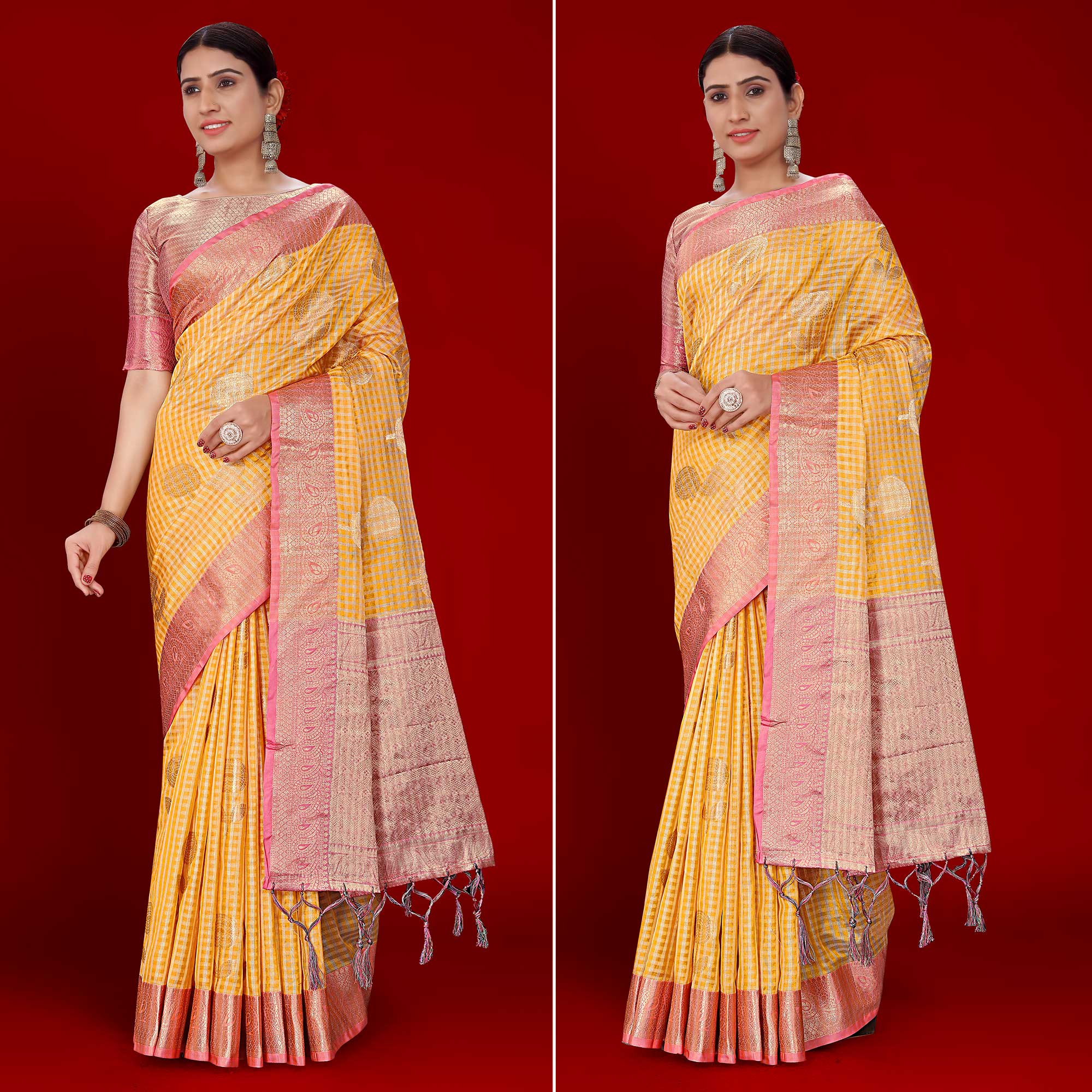 Mustard Floral Woven Organza Saree With Tassels