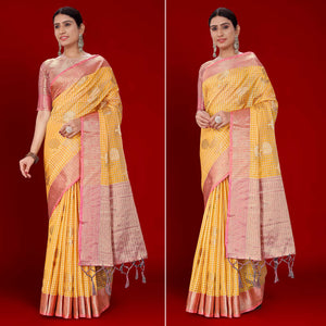 Mustard Floral Woven Organza Saree With Tassels