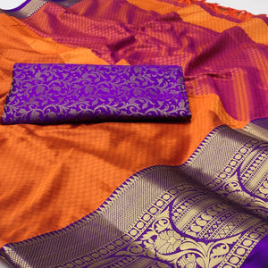 Orange Woven Cotton Silk Saree With Tassels