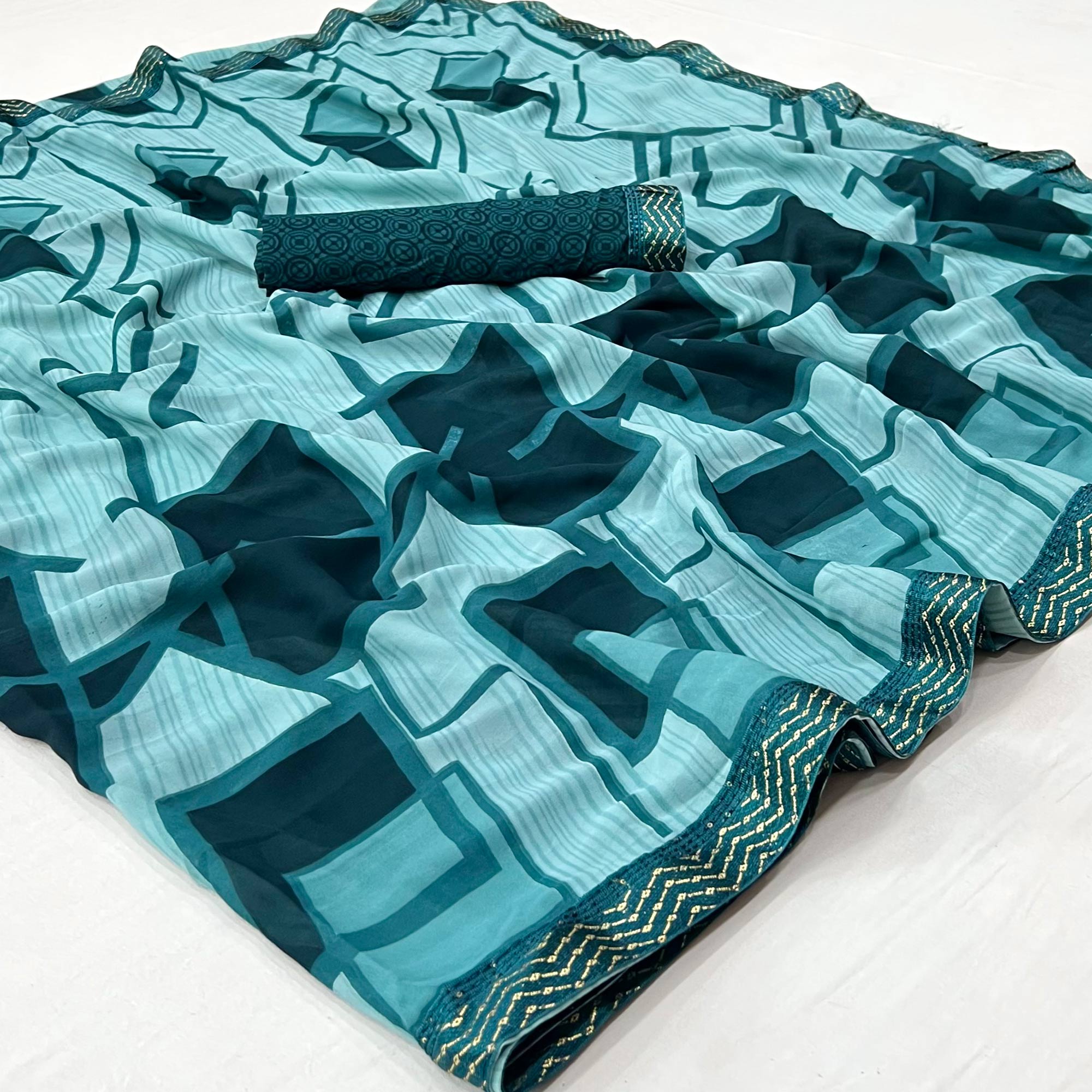 Blue Geometric Printed Georgette Saree