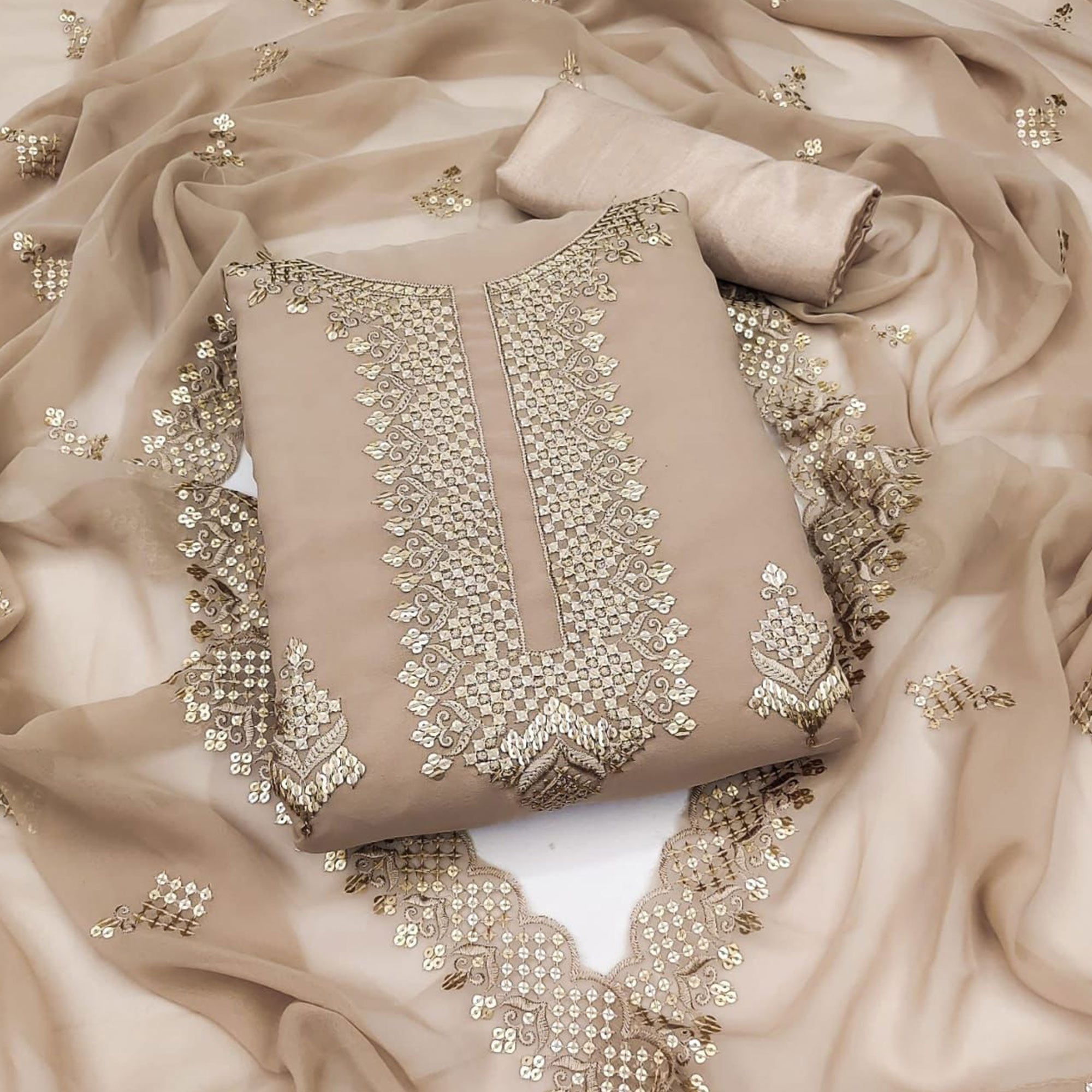 Chikoo Sequins Embroidered Organza Dress Material