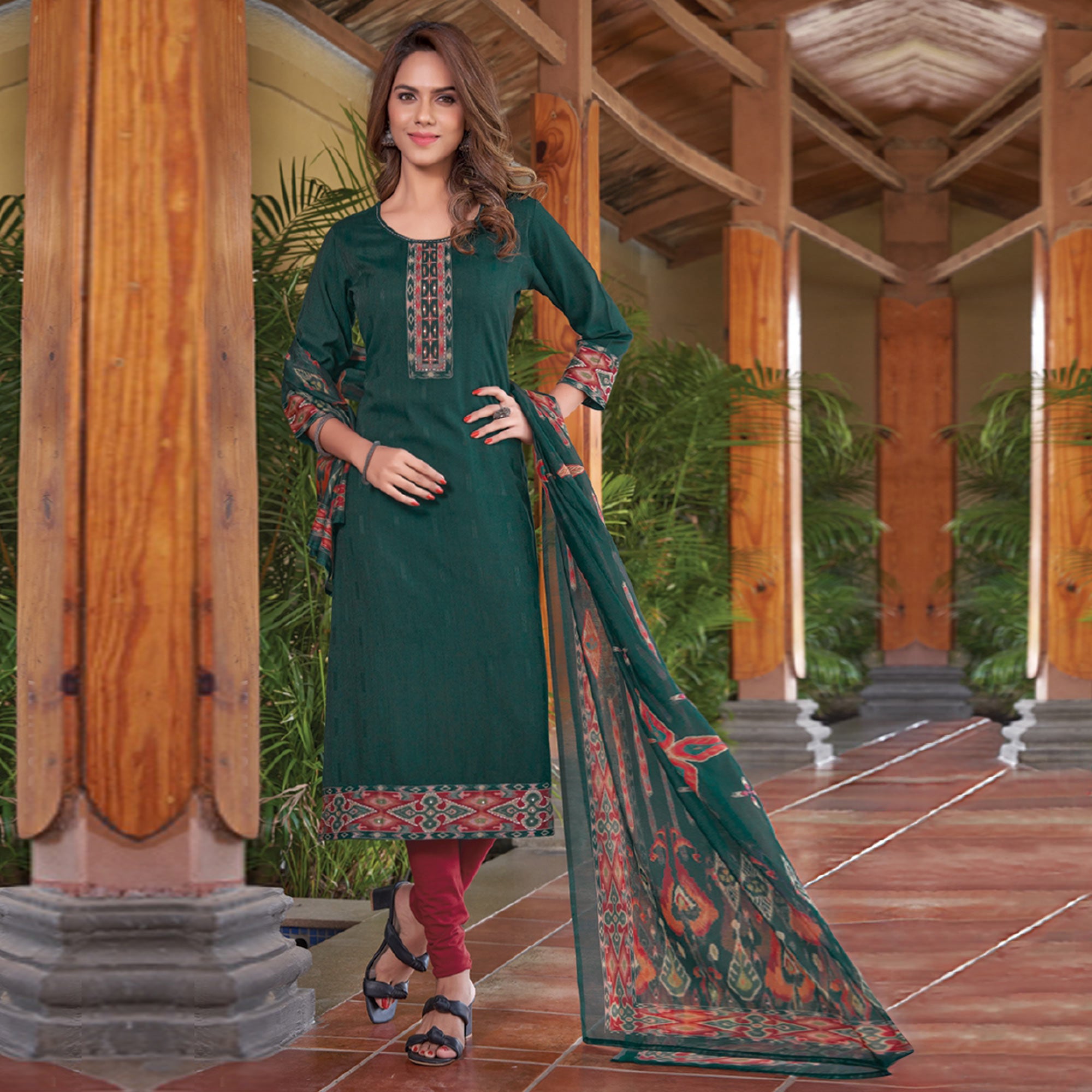 Green Embroidered Rayon Kurti With Dupatta