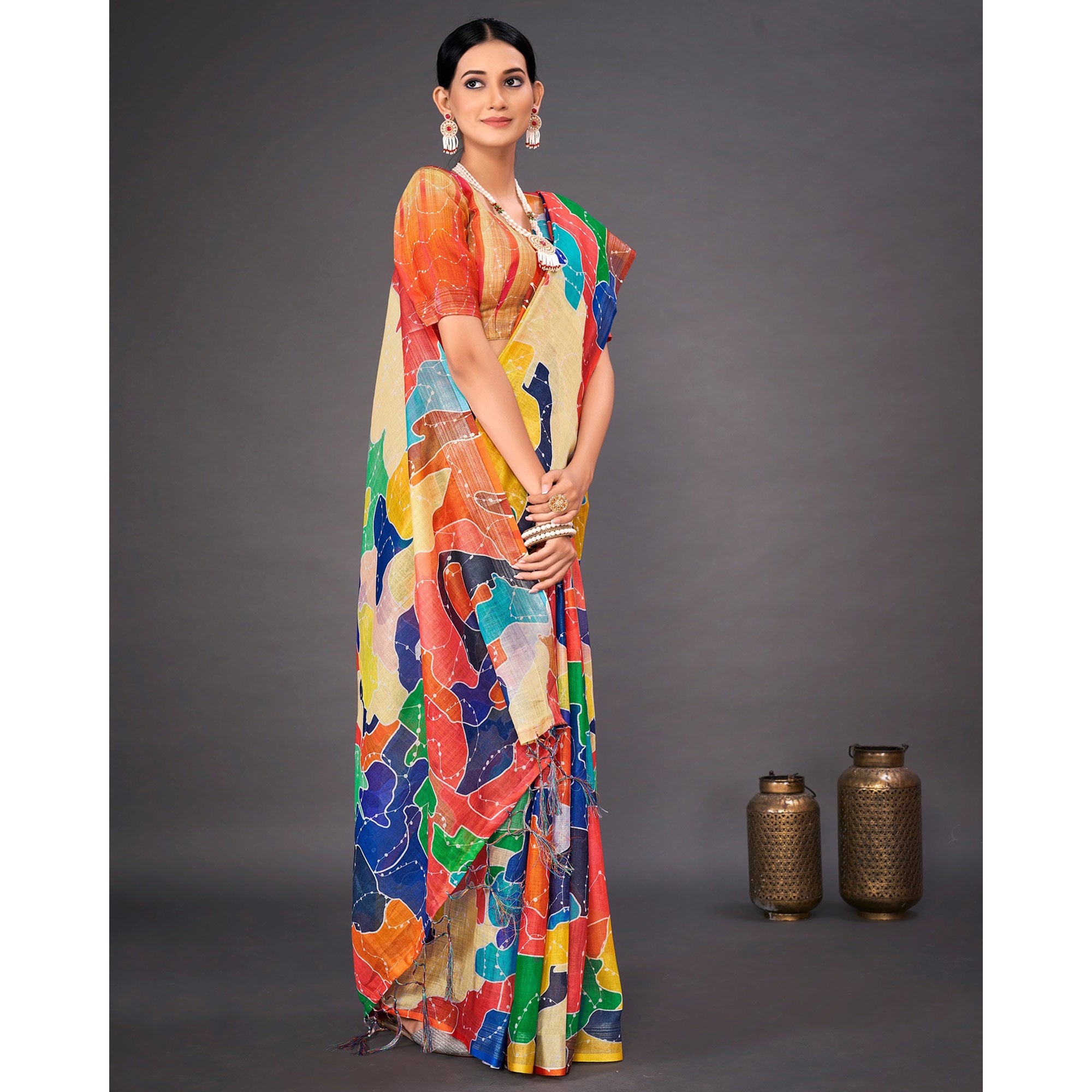 Multicolored Printed Crepe Saree Tassels