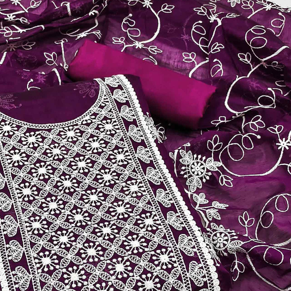 Wine Floral Embroidered Chanderi Dress Material
