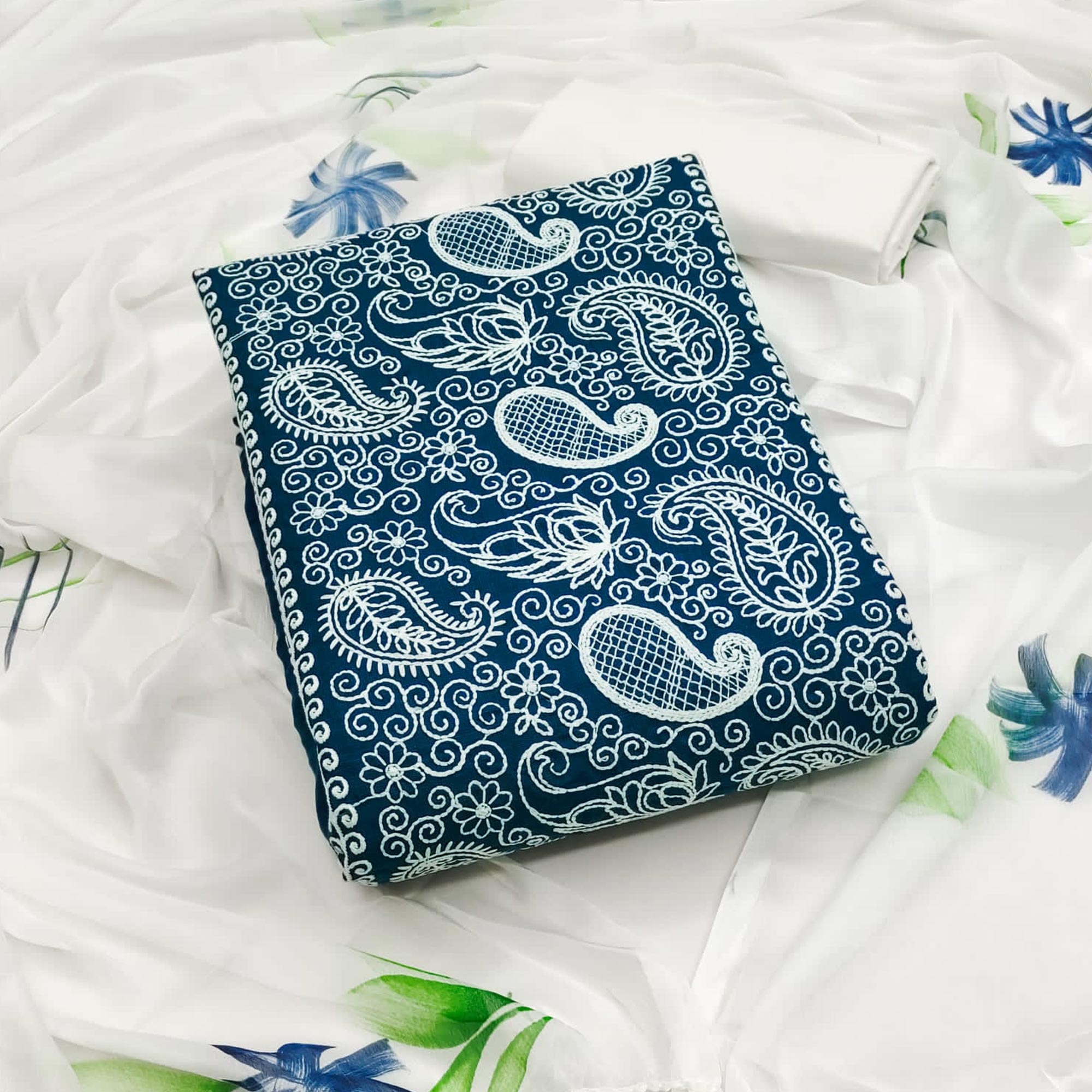 Teal Blue Embroidered Cotton Blend Dress Material