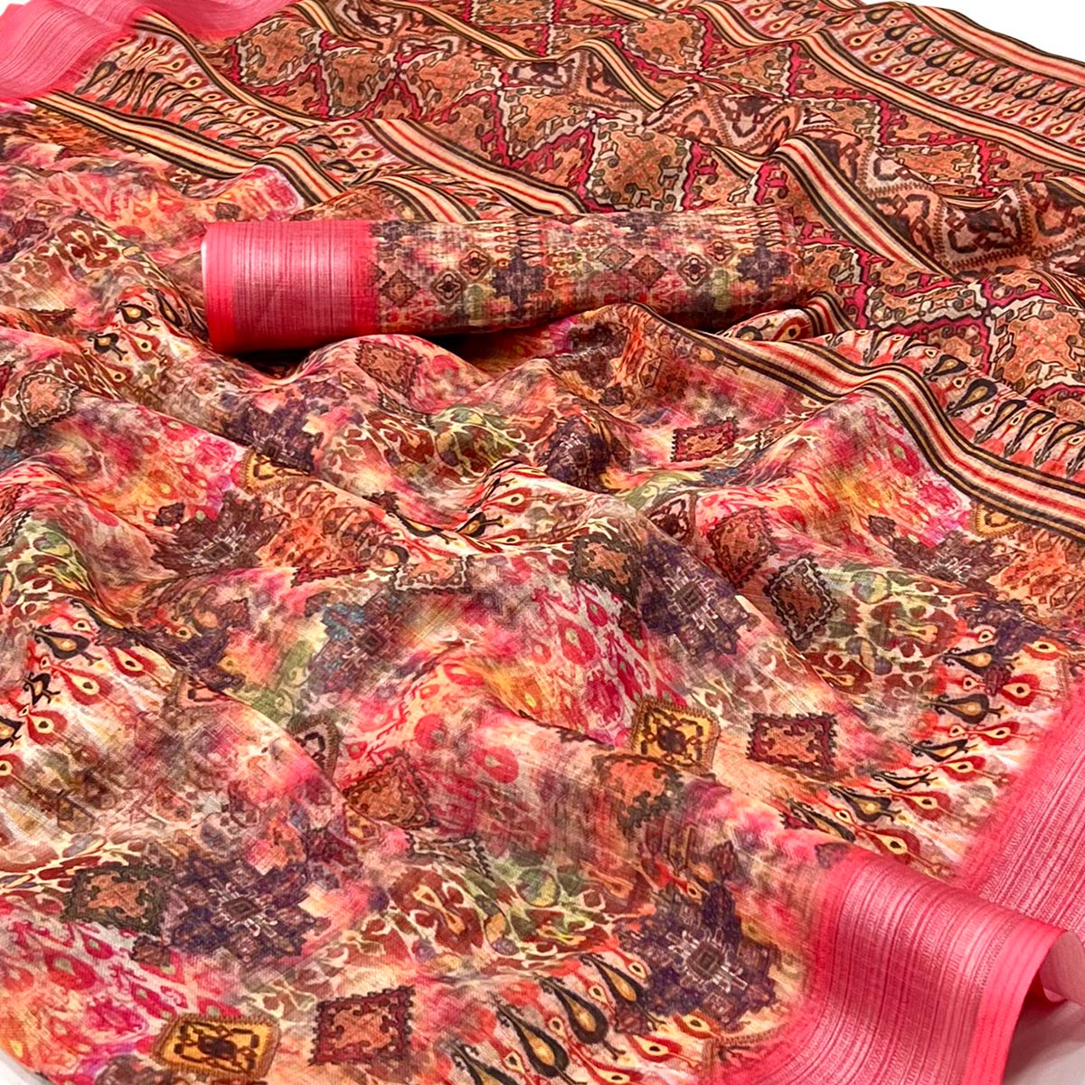 Multicolored Digital Printed Linen Saree