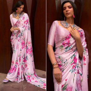 Pink Floral Digital Printed Satin Saree