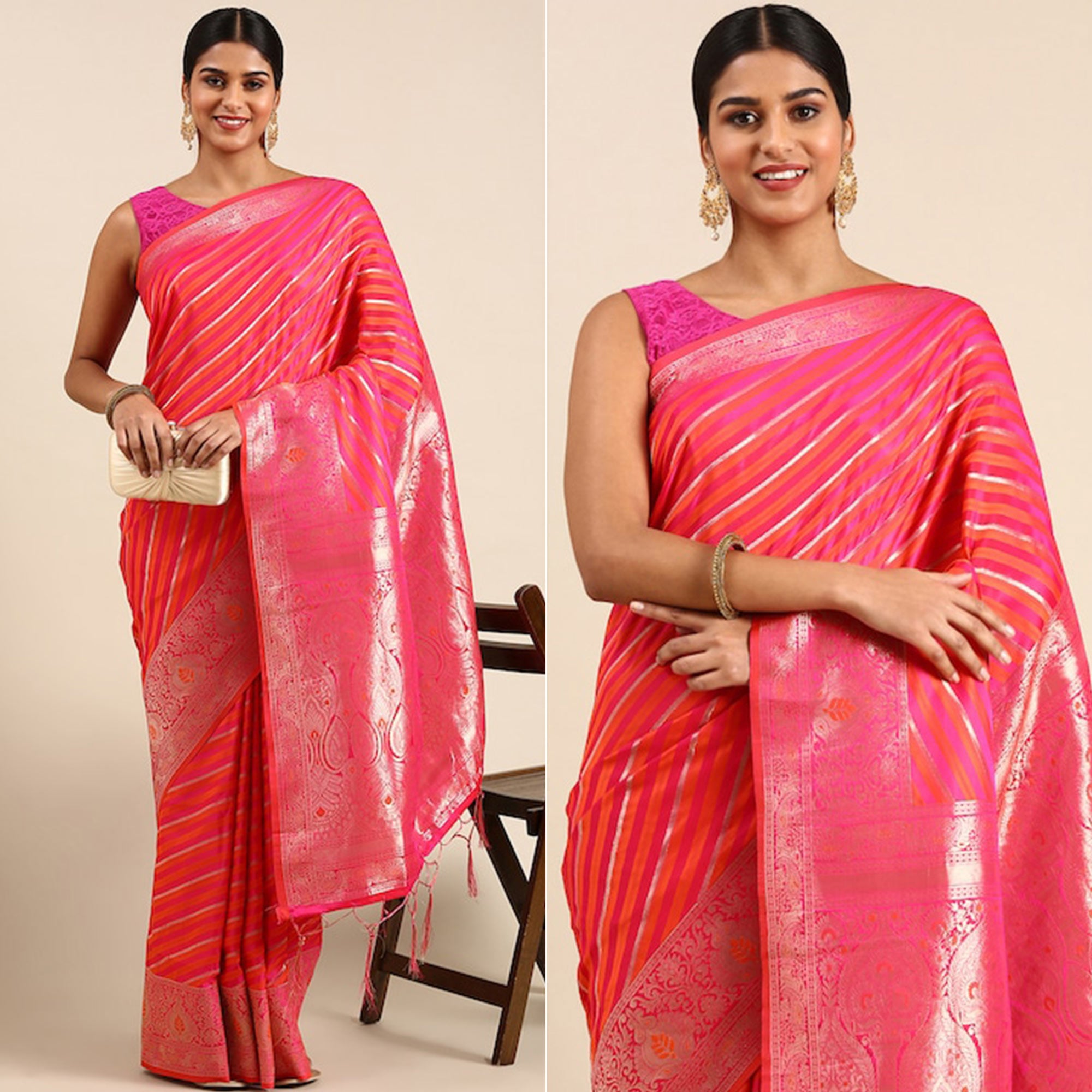 Pink Woven Kanjivaram Silk Saree WithTassels
