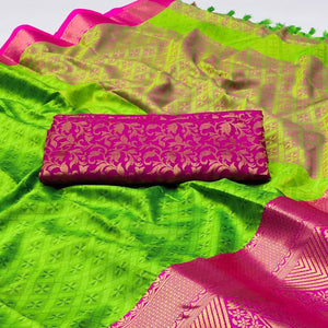Parrot Green Woven Cotton Silk Saree With Tassels