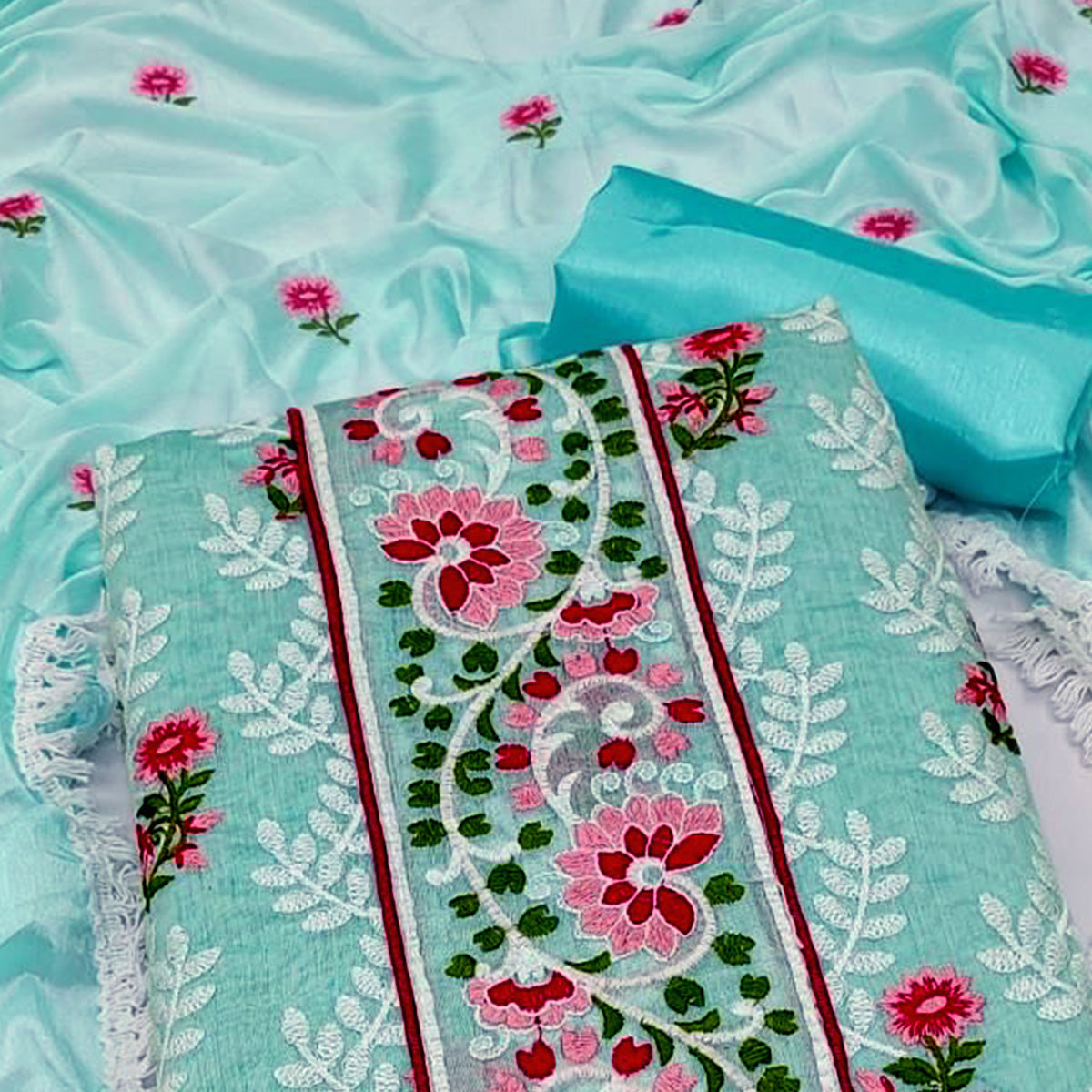 Turquoise Floral Embroidered Chanderi Dress Material