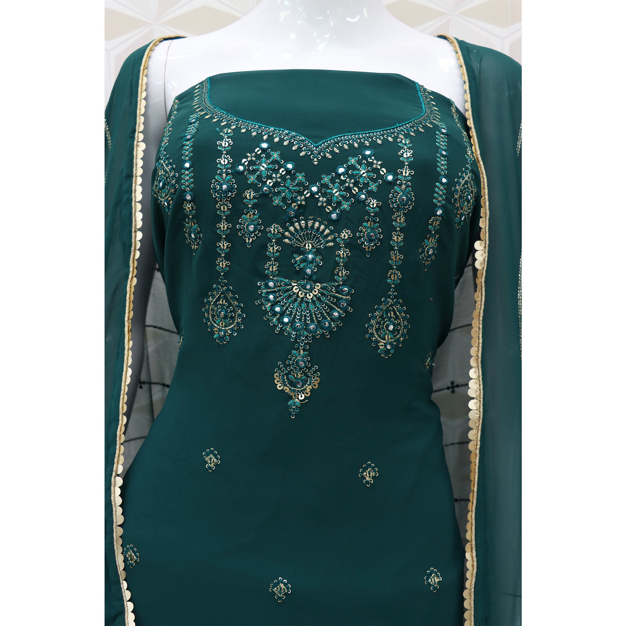 Sea Green Sequins Embroidered Georgette Sharara Suit