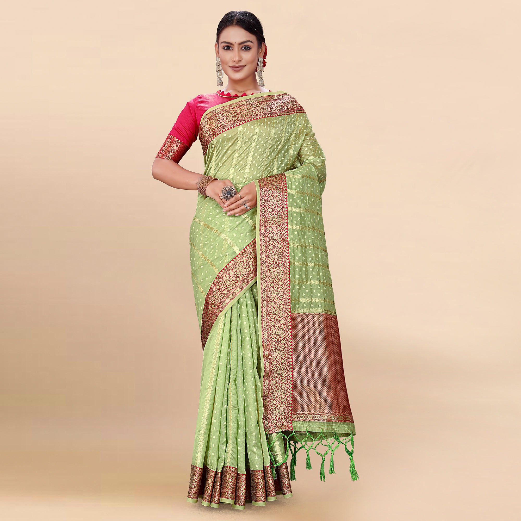 Green Woven Organza Saree With Tassels