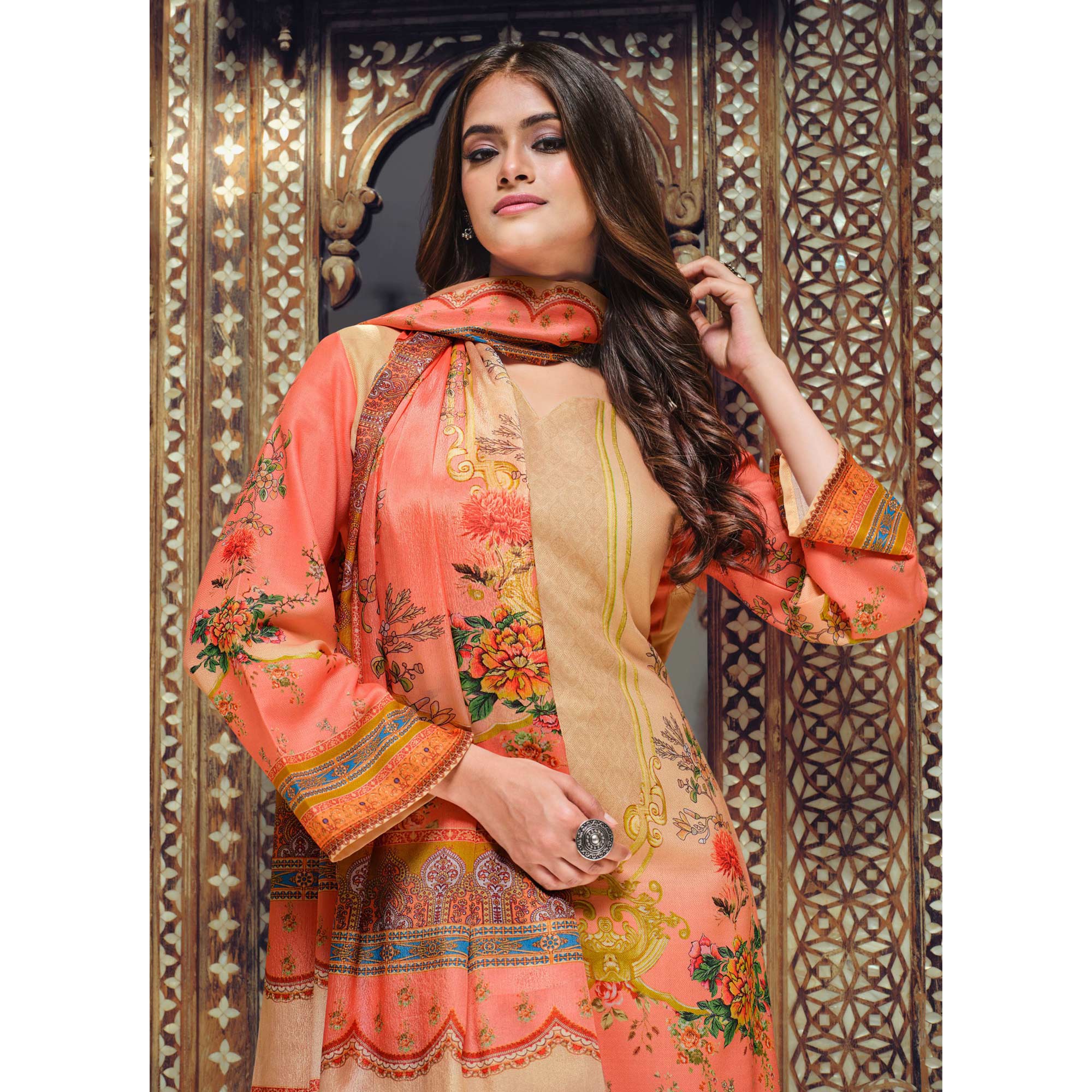 Peach And Beige Digital Printed With Daman Embroidered Pure Cotton Pakistani Suit