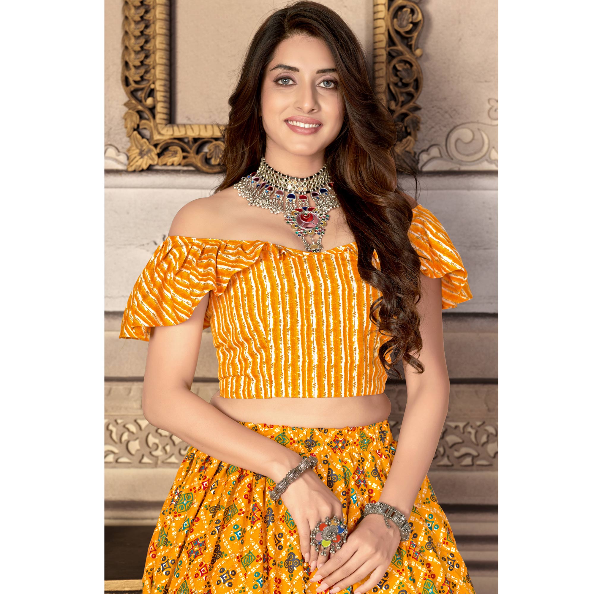 Yellow Printed Crepe Top Skirt Set