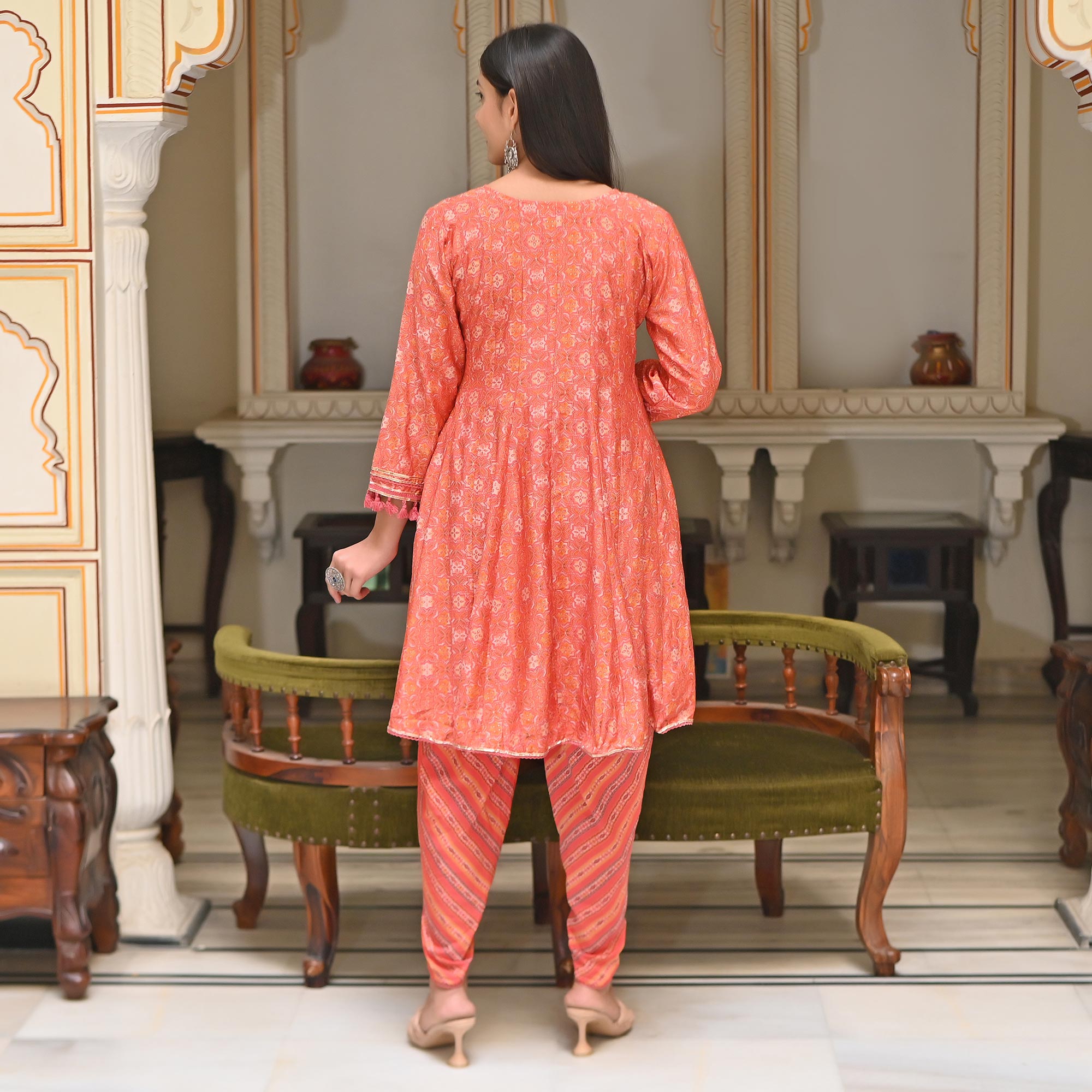 Peach Printed Muslin Kurti With Dhoti Set