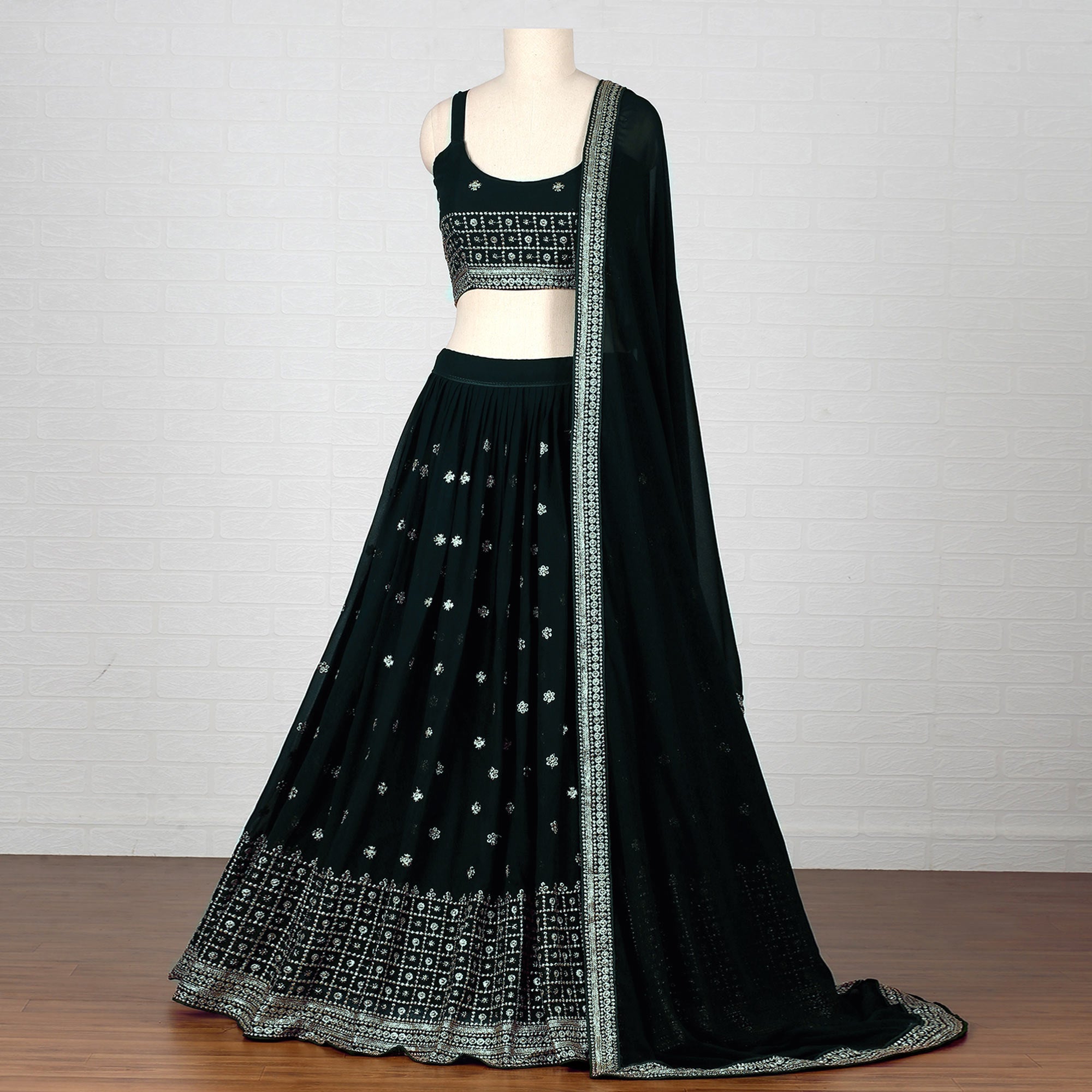 Green Embroidered Georgette Lehenga Choli