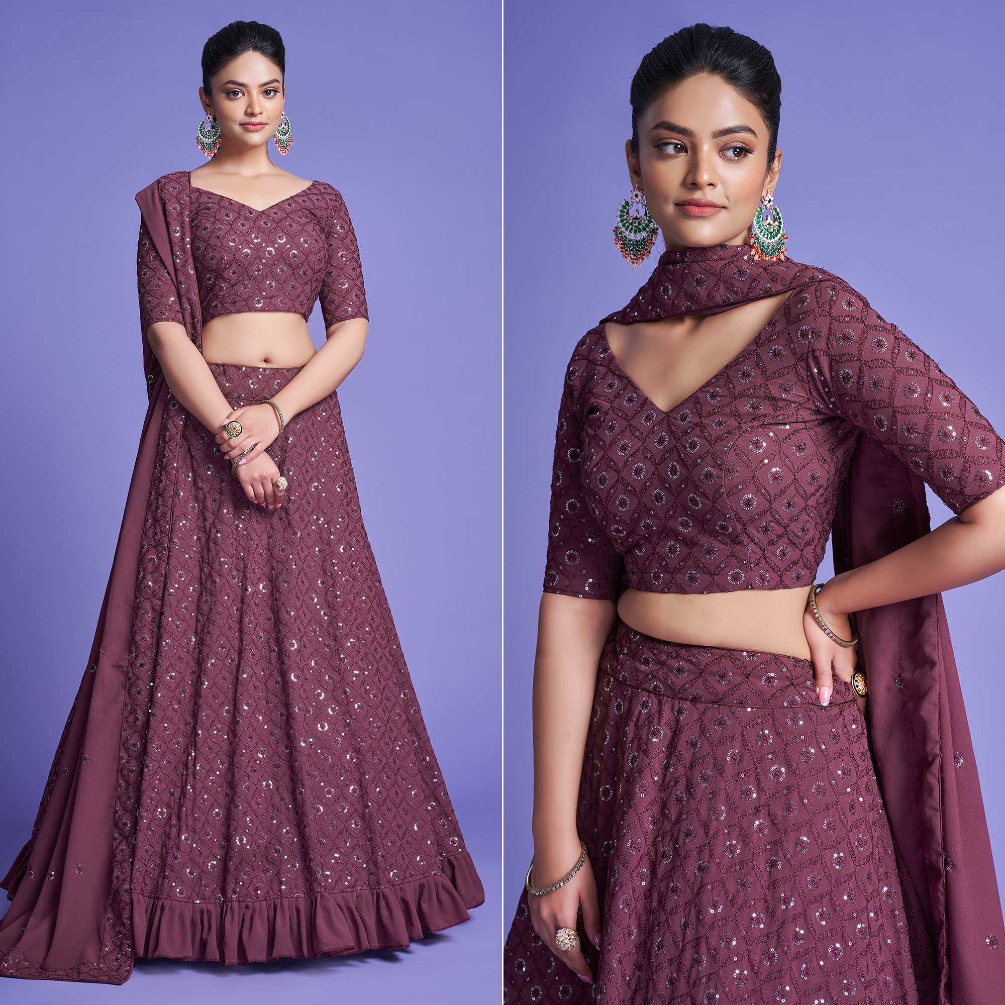 Mauve Sequins Embroidered Georgette Lehenga Choli