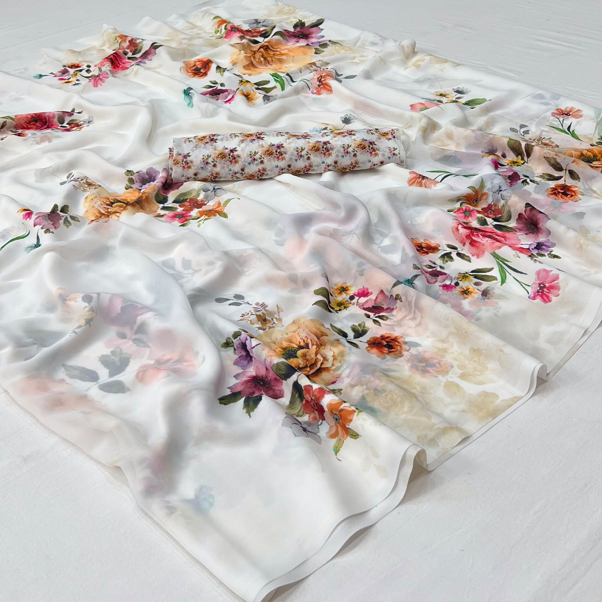 White Floral Digital Printed Georgette Saree