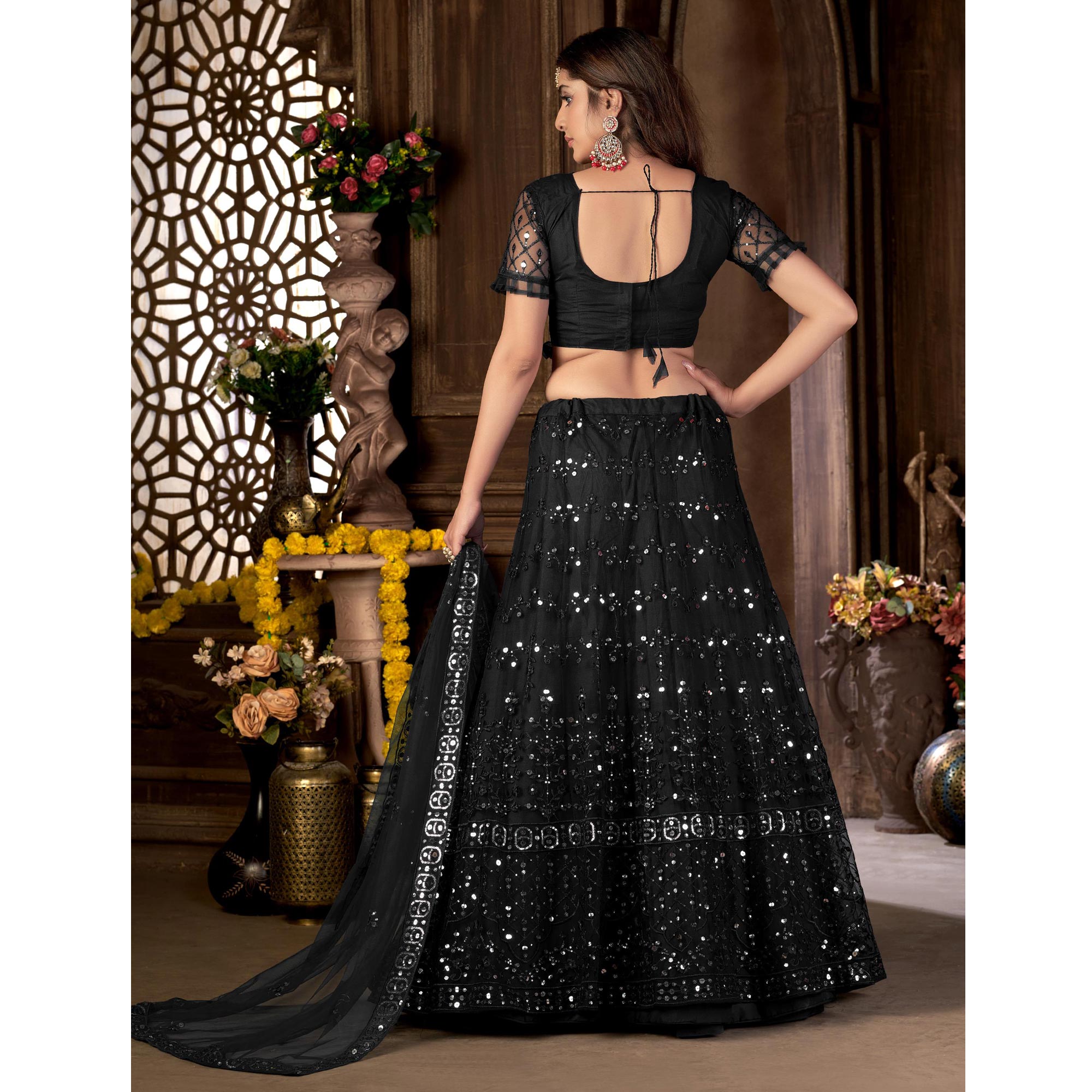 Black Sequins Embroidered Netted Lehenga Choli