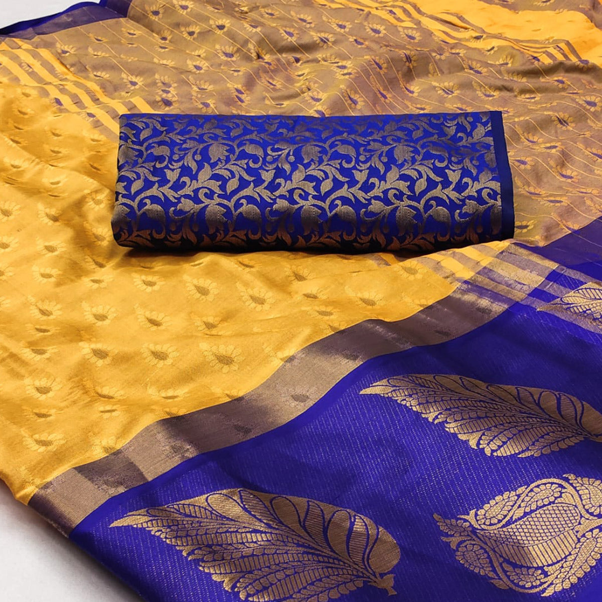 Dusty Yellow Woven Cotton Silk Saree With Tassels