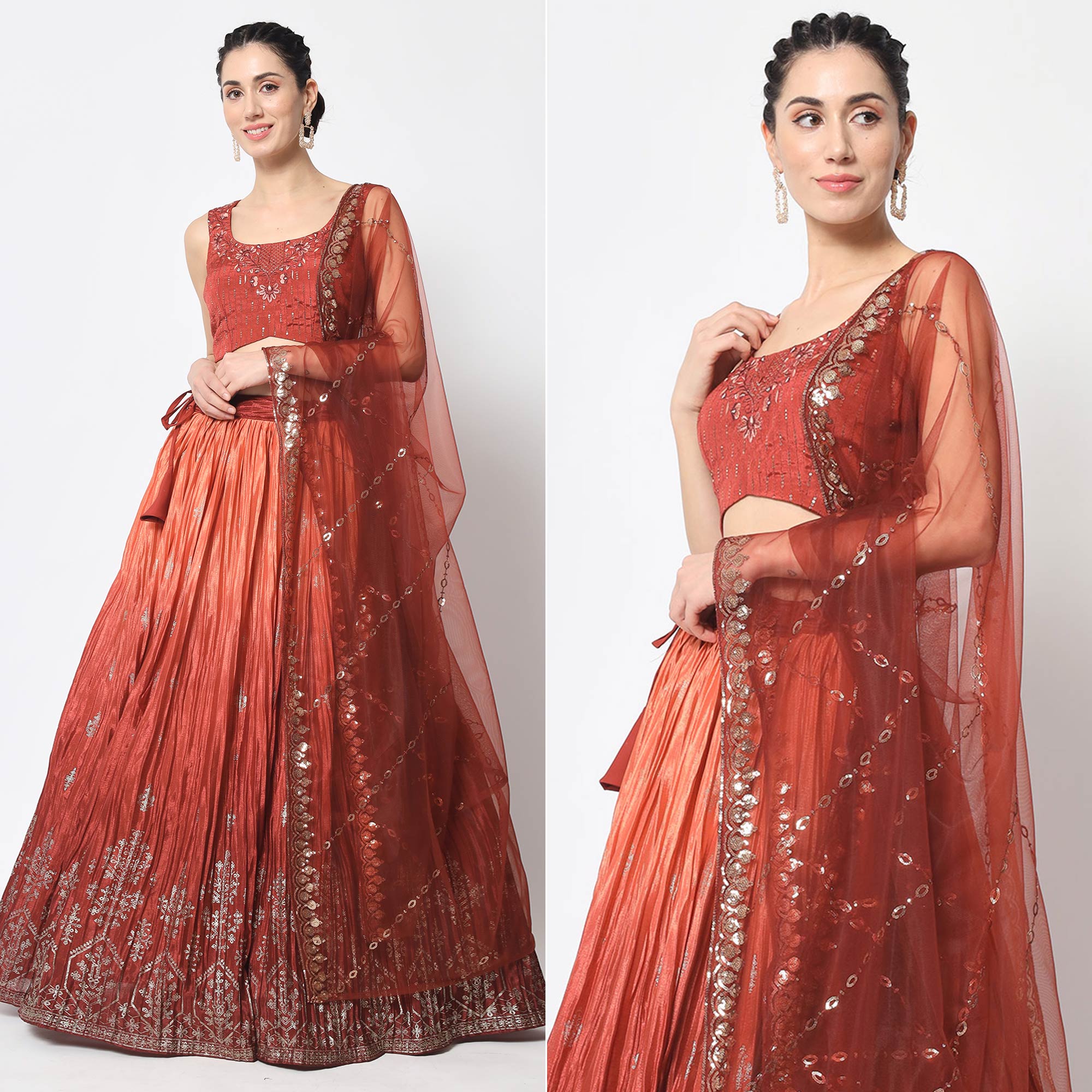 Peach Foil Printed Chiffon Lehenga Choli