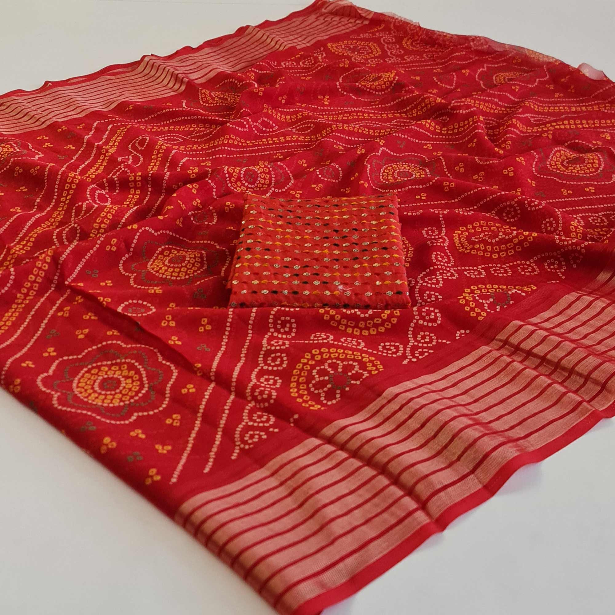 Red Bandhani Printed Chiffon Saree