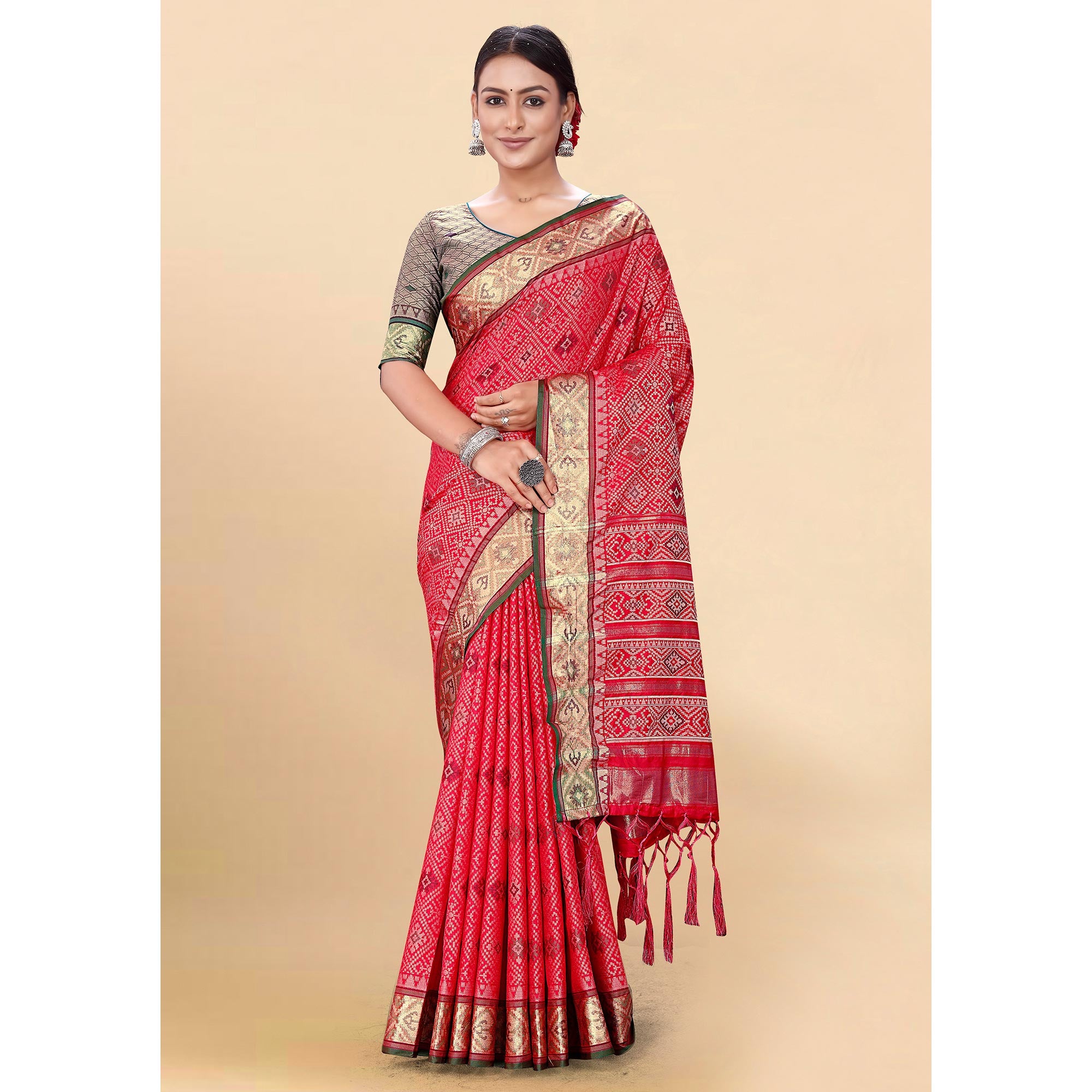 Pink Woven Patola Art Silk Saree With Tassels