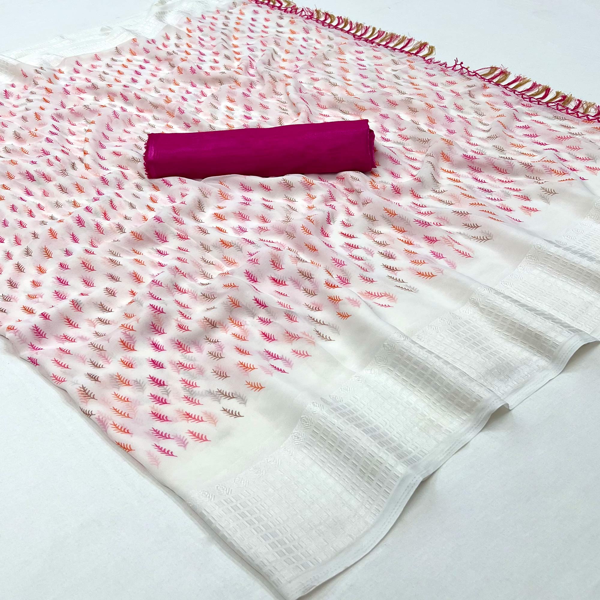 White Printed With Checks Border Georgette Saree