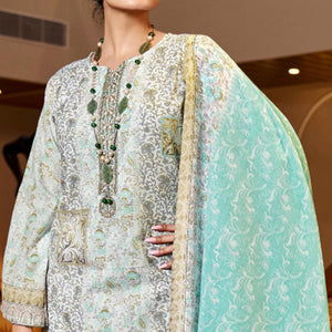 White & Aqua Blue Floral Print With Embroidered Pure Cotton Salwar Suit